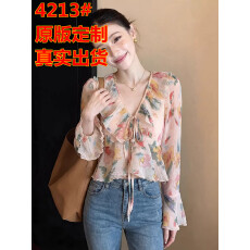 批发法式荷叶边V领碎花雪纺<b class='q'>衬衫</b>2026春季新款高级感喇叭袖娃娃衫上衣