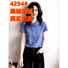 批发蓝色格子蝴蝶结短袖<b class='q'>衬衫</b>女甜美风<b class='q'>娃娃领</b>短袖宽松显瘦百搭通勤上衣