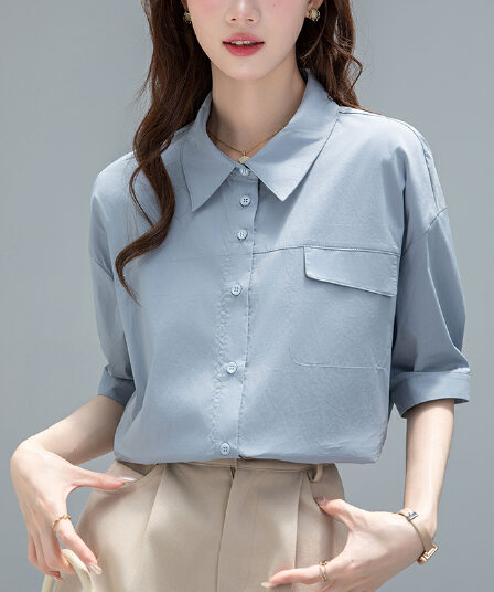 2026 실사 화이트 5 점 소매 여성 셔츠 여름 새로운 ol 미니멀리즘 출퇴근 바람 셔츠 맨위