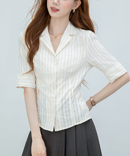 2026 실사 새로운 정장 칼라 스트라이프 반팔 티셔츠 셔츠 허리 수축 맨위