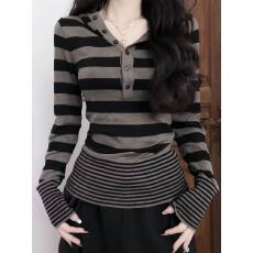 批发美式连帽条纹长袖<b class='q'>T</b><b class='q'>恤</b>女春秋冬修身设计感内搭打底衫收腰早秋上衣