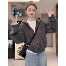 批发拉链开衫撞色条纹连帽<b class='q'>卫衣</b>外套女2025新款爆款春秋款宽松长袖上衣