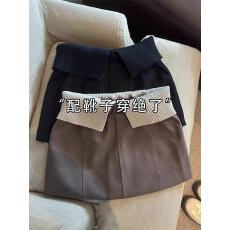 批发美拉德咖色拼接翻腰头呢子短<b class='q'>裙</b>女秋冬小个子时髦防走光针织<b class='q'>半身裙</b>