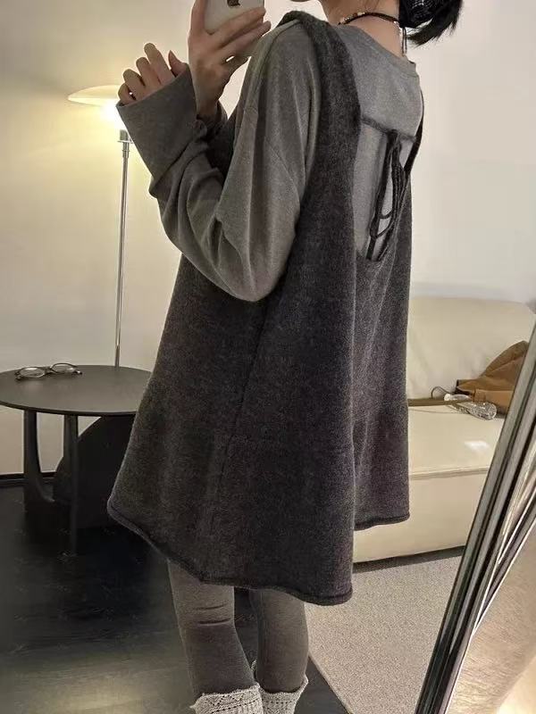 한 부서 느긋한 바람 회색 민소매 여성 드레스 이른 가을 디자인 센스 루즈핏 미니멀리즘 캐주얼 바람 조끼 짧은 치마