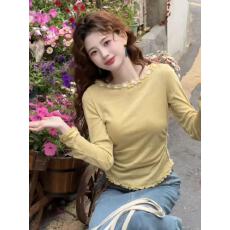 批发韩系花边领浅黄色木耳边上衣女2025年春季新款长袖<b class='q'>T</b><b class='q'>恤</b>设计感小众