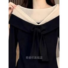 批发2026春季新款大码黑色飘带V领长袖上衣女显瘦设计感假两件打底衫