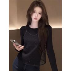 批发开春穿搭黑色上衣套装女2026气质钉珠网纱吊带叠穿长袖<b class='q'>t</b><b class='q'>恤</b>两件套