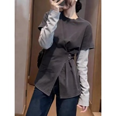 批发大码胖MM韩系假两件设计感拼接长袖<b class='q'>t</b><b class='q'>恤</b>女早春季新款显瘦收腰上衣