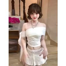 批发白色一字肩短袖<b class='q'>t</b><b class='q'>恤</b>女夏季系带蝴蝶结不规则辣妹露肩修身短款上衣