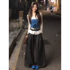 批发韩系蓝色碎花蝴蝶结长袖<b class='q'>T</b><b class='q'>恤</b>女春季纯欲修身打底衫抹胸上衣两件套