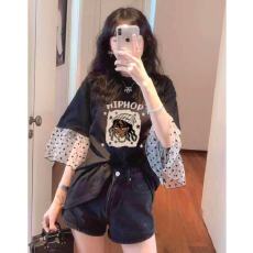 批发韩国东大门波点拼接短袖<b class='q'>T</b><b class='q'>恤</b>女2026夏季新款大码休闲洋气圆领上衣