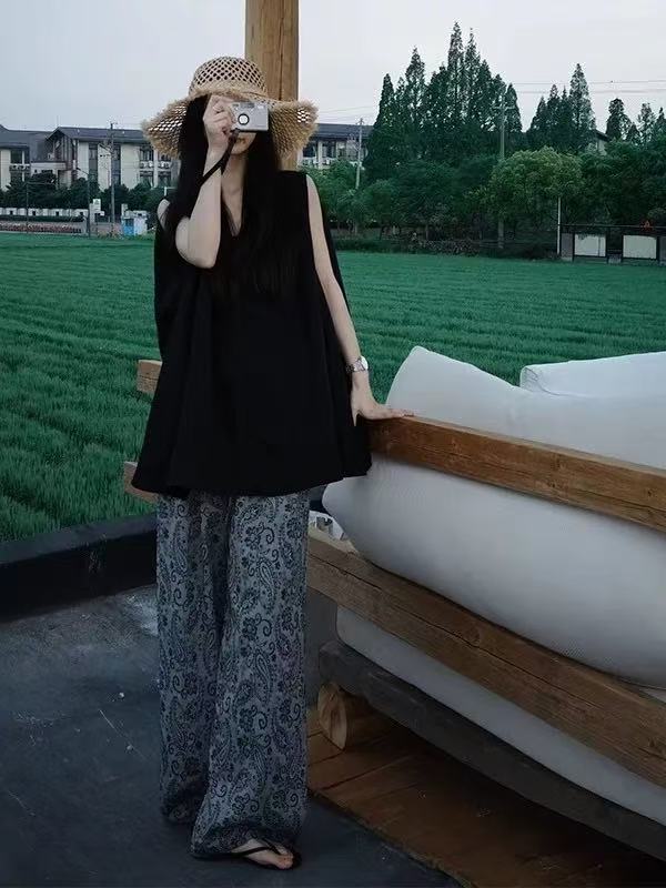 2026 여름 새로운 패션 인기 자이언트 잘 생긴 고급 센스 검정색 프린트 와이드 레그 팬츠 어린이 폭발 투피스 슈트