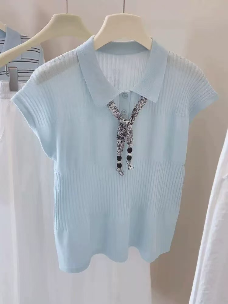 POLO 칼라 파란색 니트 반팔 티셔츠 여성 2026 여름 새로운 스카프 레이스업 출퇴근 다용도 품격 맨위