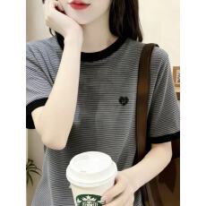 批发欧货撞色条纹短袖t恤女2026新款夏季宽松<b class='q'>显瘦</b>超火减龄刺绣上衣潮