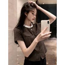 批发日系复古减龄休闲圆领短袖衬衫女夏季新款撞色百搭显瘦正肩上衣潮