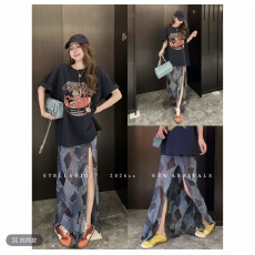 批发SG / 杨依姗 SS复古格纹<b class='q'>印花</b>雪纺开叉半身裙