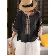 官图复古民族风刺绣苎麻衬衫女夏季薄款上衣显瘦五分袖棉麻t恤