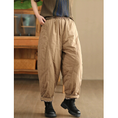 批发官图冬季纯色压线拼接加厚夹棉棉裤女松紧腰内里格纹保暖哈伦裤