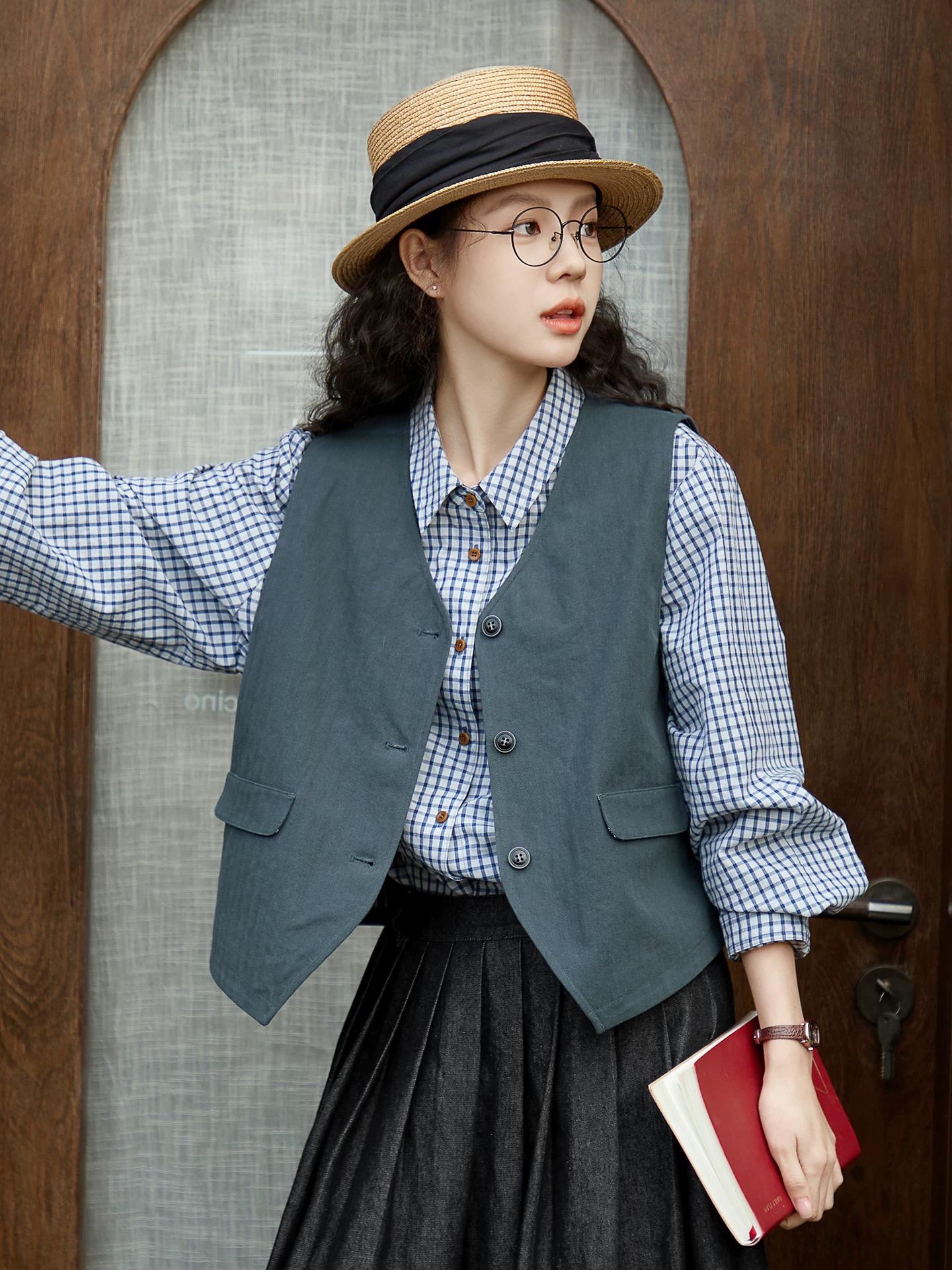 공식 그림 오리지널 순면 V넥 조끼 여자 봄 작은 키 쇼트 스타일 품격 스택 착용 베스트 조끼 맨위