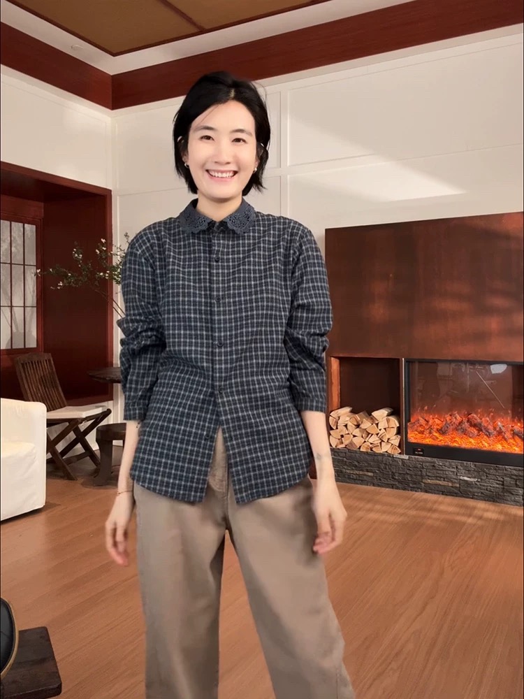 공식 그림 루즈핏 베이비 칼라 체크무늬 여성 셔츠 봄 스택 착용 긴팔 오픈 가디건 인사이드 탑 셔츠