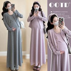 批发实拍现~2026孕妇春装连衣裙套装大码<b class='q'>时尚</b>潮妈新款开衫长裙两件套