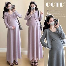 批发实拍现~2026孕妇春装连衣裙套装大码<b class='q'>时尚</b>潮妈新款开衫长裙两件套