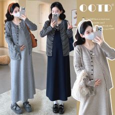 批发实拍孕妇秋装连衣裙套装2025大码时尚潮妈新款开衫针织长裙两件套