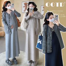 批发实拍孕妇秋装连衣裙套装2025大码时尚潮妈新款开衫针织长裙两件套