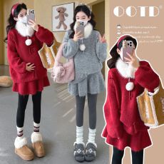 实拍现现~2025孕妇装秋季套装新款毛衣宽松外穿上衣+短裤两件套