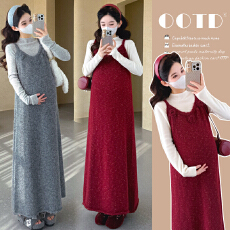 批发实拍现现~孕妇秋冬套装时尚款吊带叠穿背心针织裙+打底衫两件套