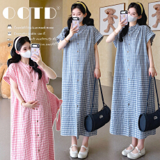 批发实拍现现~ 孕妇夏装连衣裙中长款宽松外出洋气潮妈孕妇装格子长裙