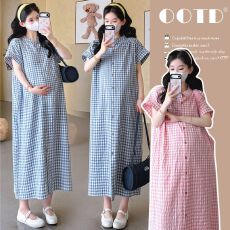 批发实拍现现~ 孕妇夏装连衣裙中长款宽松外出洋气潮妈孕妇装格子长裙