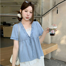 批发实拍大码女装夏装<b class='q'>新款</b>木耳边v领假两件娃娃衫+<b class='q'>半身裙</b>套装