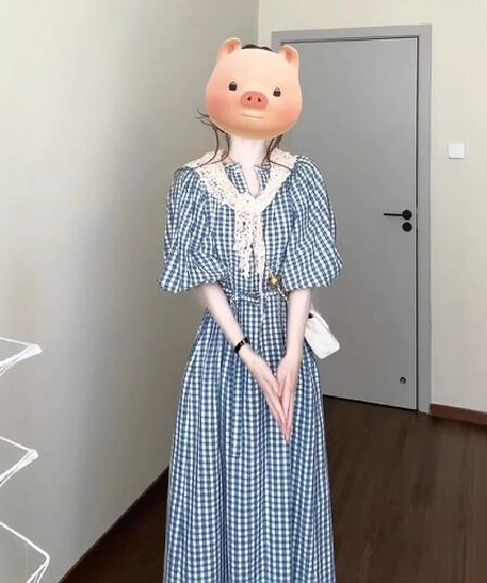 파란색 체크무늬 여성 드레스 여름 빅 사이즈 지방 mm 품격 고유 한 아름다운 해변가 휴가 버블 소매 길이 치마