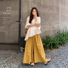 批发夏装搭配一整套大码胖mm不规则<b class='q'>蕾丝</b>刺绣上衣阔腿裤独特漂亮套装女