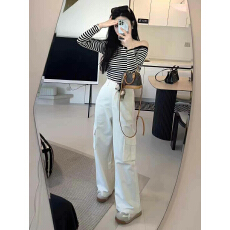 批发春季穿搭一整套<b class='q'>大码</b>胖mm斜肩条纹上衣阔腿裤子独特减龄时尚套装女