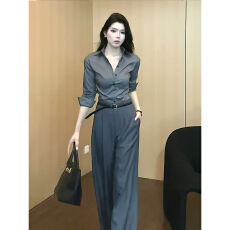批发早秋搭配一整套<b class='q'>大码</b>胖mm灰色长袖衬衫阔腿西裤气质通勤时尚套装女