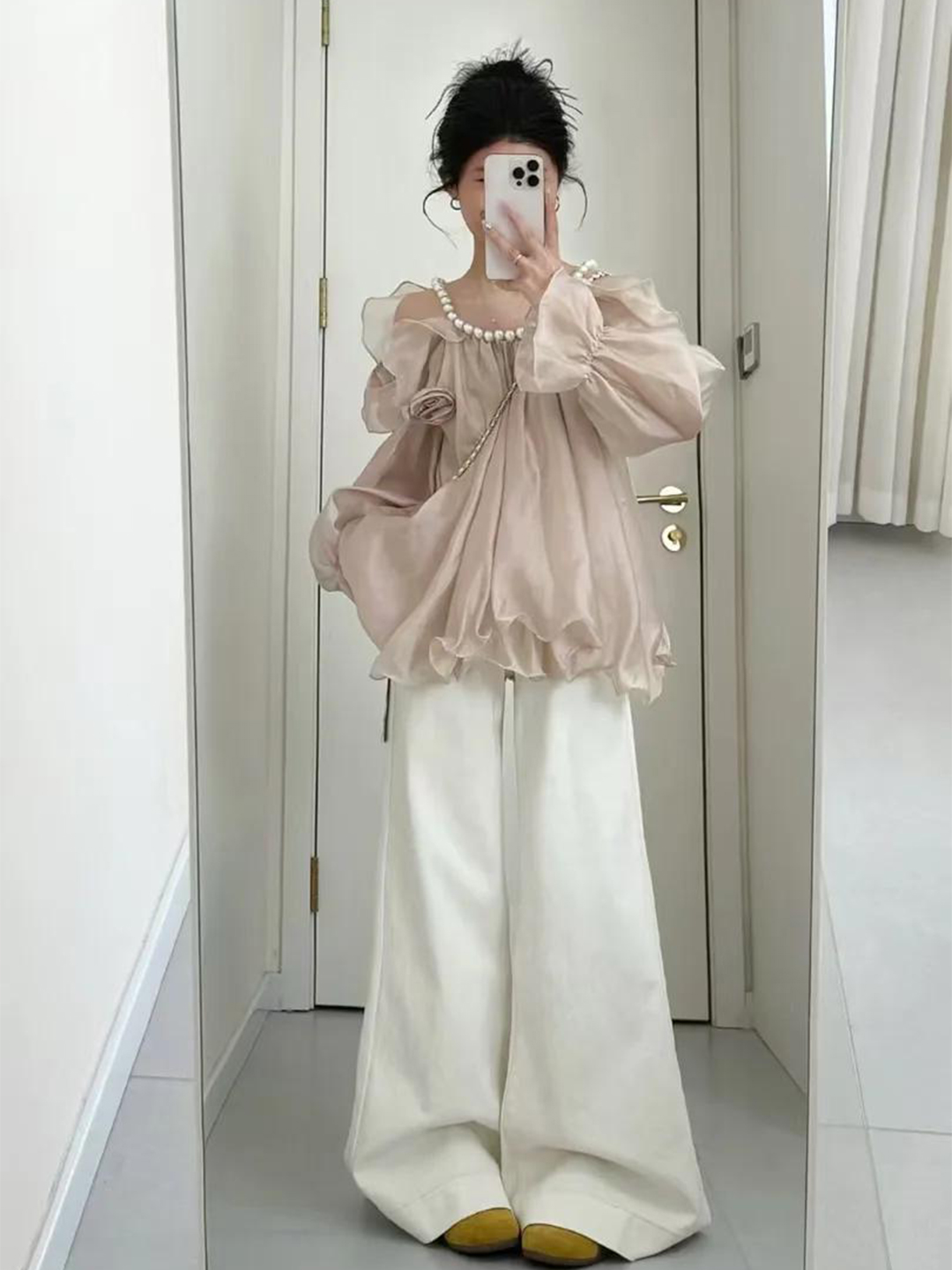 여름 드레스 코디 전체 집합 빅 사이즈 마이크로 지방 mm 오프숄더 쉬폰 톱 와이드 레그 팬츠 한 부서 고유 한 고급 세트 여성