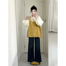批发早秋穿搭一整套大码胖mm灯笼袖上衣针织马甲<b class='q'>牛仔</b>裤韩系三件套装女