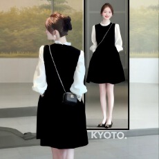 批发法式高级感假两件黑色连衣裙子春<b class='q'>秋装</b>2026新款<b class='q'>大码</b>茶系搭配一整套
