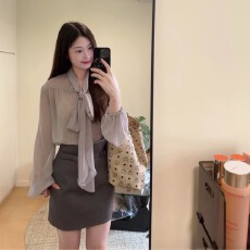 批发秋季穿搭一整套大码胖mm飘带长袖<b class='q'>雪纺</b><b class='q'>衬衫</b>短裙减龄气质好看套装女