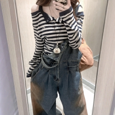 批发初秋穿搭一整套大码胖mm<b class='q'>条纹</b>上衣背带连体牛仔<b class='q'>裤</b>复古巨好看套装女