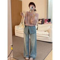 批发秋季穿搭一整套大码胖mm粉色<b class='q'>针织</b>衫牛仔裤子甜美松弛感休闲<b class='q'>套装</b>女