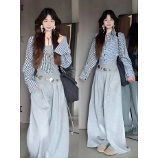 批发秋季穿搭一整套大码胖mm假两件<b class='q'>格子</b><b class='q'>衬衫</b>休闲阔腿裤盐系独特套装女