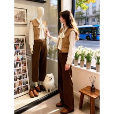 批发秋日穿搭一整套大码胖mm马甲<b class='q'>衬衫</b>阔腿<b class='q'>裤</b><b class='q'>美</b>拉德高级时尚三件套<b class='q'>装</b>女