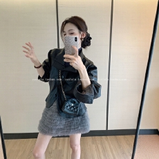 批发秋装搭配一整套大码<b class='q'>胖</b><b class='q'>mm</b><b class='q'>皮衣</b>夹克短外套网纱蓬蓬短裙巨好看三件套