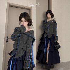 批发秋冬搭配一整套大码胖mm针织毛衣外套蛋糕半身裙甜酷风炸街套装女