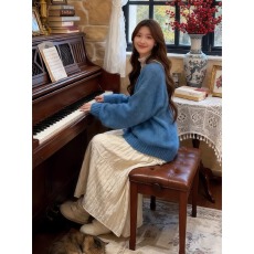 批发冬季穿搭一整套大码胖mm蓝色针织衫半身裙温柔好看叠穿三件套装女