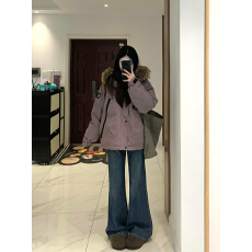 批发冬季穿搭一整套装女<b class='q'>大码</b>胖mm紫色大毛领连帽派克棉服<b class='q'>外套</b><b class='q'>牛仔</b>裤子