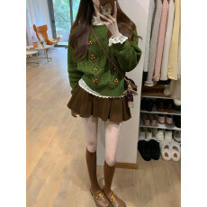 批发冬季穿搭一整套<b class='q'>大码</b>胖mm绿色针织毛衣内搭短裙超火独特复古套装女